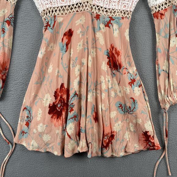 Selfie Leslie Dress Womens Small Floral Lace Boho Long Sleeve Crochet Trim Mini - Picture 3 of 15
